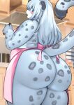  akitaka anthro apron apron_only big_butt blush butt clothing felid female huge_butt looking_back mammal mostly_nude pantherine snow_leopard solo thick_thighs 