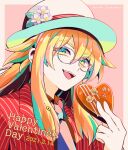  1boy :d artist_name blonde_hair candy chocolate chocolate_heart flower food glasses hand_up hat heart highres long_hair male_focus mizuki_tsukimori necktie open_mouth original pale_skin pink_background red_suit sidelocks smile striped_suit upper_body valentine white_neckwear 