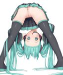  1girl anus ass bent_over black_footwear black_legwear black_skirt black_sleeves boots censored eyebrows forehead from_behind full_body green_eyes green_hair hands_on_headphones hatsune_miku headset highres kuroshiro00 legs legs_apart long_hair looking_back looking_through_legs mosaic_censoring no_panties open_mouth pussy simple_background skirt solo thigh_boots thighhighs thighs twintails very_long_hair vocaloid white_background 