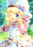  1girl ;d animal bangs bell blonde_hair blue_eyes blurry blurry_background blush bow character_request chef_hat commentary_request depth_of_field dress eyebrows_visible_through_hair hat iris_mysteria! kouu_hiyoyo looking_at_viewer neck_bell one_eye_closed open_mouth pig pink_dress pointy_ears puffy_short_sleeves puffy_sleeves purple_bow red_bow short_sleeves smile solo sparkle tail tail_bow tail_ornament thick_eyebrows upper_teeth white_headwear wrist_cuffs 