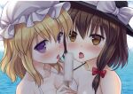  2girls :p bangs bikini black_bikini black_headwear blonde_hair blush bow breast_press breasts brown_eyes brown_hair censored close-up day eyebrows_visible_through_hair food hat hat_ribbon licking looking_at_viewer maribel_hearn medium_breasts medium_hair mob_cap multiple_girls nagiyamasugi ocean open_mouth outdoors popsicle purple_eyes ribbon sexually_suggestive sky swimsuit tongue tongue_out touhou usami_renko wading wet white_bikini white_headwear 