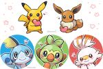  :3 artist_name blue_eyes blush brown_fur closed_mouth commentary_request eevee gen_1_pokemon gen_8_pokemon grey_eyes grookey heart holding lying no_humans on_stomach outline paws pikachu pokemon pokemon_(creature) scorbunny smile sobble standing starter_pokemon tansho toes 