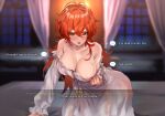  ... 1girl areola_slip areolae bangs bare_shoulders blurry blurry_background blush breasts cleavage curtains diluc_(genshin_impact) dress english_commentary english_text frilled_sleeves frills gameplay_mechanics genderswap genderswap_(mtf) genshin_impact hair_between_eyes heart highres indoors large_breasts long_hair long_sleeves looking_at_viewer on_bed open_mouth red_eyes red_hair scar scar_on_arm scar_on_chest solo speech_bubble white_dress window yavalley 