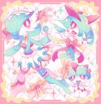  blush bow bright_pupils clothed_pokemon commentary_request flower flying_sweatdrops framed frills gardevoir gen_3_pokemon holding jewelry jippe kirlia open_mouth pokemon pokemon_(creature) ralts red_eyes ribbon smile sparkle tongue white_pupils 
