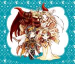  2boys 2girls armor blonde_hair carrying chaos_(dff) chaos_(ff1) chibi commentary_request cosmos_(dff) dress fangs final_fantasy final_fantasy_i hands_together helmet horns long_hair monster multiple_boys multiple_girls nina_(&amp;_lucie) pink_hair princess_carry sarah_(ff1) smile standing sword theatrhythm_final_fantasy warrior_of_light wavy_hair weapon white_hair wings 
