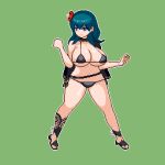  1girl alternate_costume bikini black_bikini black_swimsuit breasts byleth_(fire_emblem) byleth_(fire_emblem)_(female) cleavage fire_emblem fire_emblem:_three_houses fire_emblem_heroes flower green_background hair_flower hair_ornament huge_breasts looking_to_the_side medium_hair micro_bikini navel pixel_art raccoon_(potesara) simple_background smile solo string_bikini swimsuit swimwear 