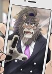  anthro being_photographed better_version_at_source blush cellphone clothing embarrassed felid hair hiroji080 lion live-a-hero male mammal mane mane_hair pantherine phone ponytail smartphone solo suit toshu 