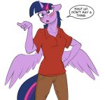  anthro blush bottomwear clothing dialogue embarrassed english_text equid equine feathered_wings feathers female friendship_is_magic gesture hasbro horn implied_transformation mammal my_little_pony open_mouth pants pointing purple_body purple_eyes red_clothing red_shirt red_topwear shirt simple_background solo text tf-sential topwear twilight_sparkle_(mlp) white_background winged_unicorn wings 