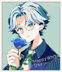  1boy artist_name bangs blue_background blue_eyes blue_flower dated earrings flower glasses gradient_eyes highres holding holding_flower jewelry light_blue_hair looking_at_viewer male_focus mizuki_tsukimori multicolored multicolored_eyes necktie original pale_skin parted_bangs short_hair striped_suit stud_earrings upper_body vest white_day white_neckwear yellow_eyes 