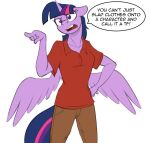  anthro bottomwear clothing dialogue english_text equid equine feathered_wings feathers female friendship_is_magic gesture horn implied_transformation mammal my_little_pony open_mouth pants pointing purple_body purple_eyes red_clothing red_shirt red_topwear shirt simple_background solo text tf-sential topwear twilight_sparkle_(mlp) white_background winged_unicorn wings 