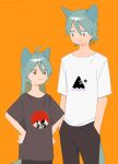  1boy 1girl :3 animal_ears antenna_hair aqua_hair bangs black_pants black_shirt brother_and_sister cat_boy cat_ears cat_girl cat_tail closed_mouth cowboy_shot eye_contact from_side hair_between_eyes hands_in_pockets hands_on_hips height_difference jitome light_smile long_hair looking_at_another looking_down looking_up loose_clothes loose_shirt niwabuki noshime_ruka orange_background original pants print_shirt red_eyes satonaka_kei shirt short_sleeves siblings signature simple_background smile standing t-shirt tail tareme white_shirt 