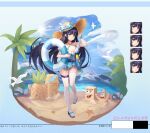  1girl absurdres bangs bare_shoulders beach black_hair blue_bow blue_dress blue_eyes blue_sky bow breasts character_request cleavage cloud copyright_request criss-cross_halter dated day dress full_body halterneck hat hat_bow highres holding innertube long_hair looking_at_viewer medium_breasts off-shoulder_dress off_shoulder outdoors palm_tree patrick_star sand_sculpture sandals short_sleeves sky smile spongebob_squarepants spongebob_squarepants_(character) standing starfish sun_hat thighhighs thighs translation_request tree very_long_hair water_gun white_legwear wuhepietiantian 