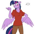  anthro blush bottomwear clothing dialogue equid equine feathered_wings feathers female friendship_is_magic gesture hasbro horn implied_transformation looking_down mammal my_little_pony open_mouth pants pointing purple_body purple_eyes red_clothing red_shirt red_topwear shirt simple_background solo text tf-sential topwear twilight_sparkle_(mlp) white_background winged_unicorn wings 