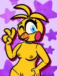  anthro avian beak big_breasts big_eyes bird blue_eyes breasts chicken clothing female five_nights_at_freddy&#039;s five_nights_at_freddy&#039;s_2 fur galliform gallus_(genus) genitals hi_res juan_jo non-mammal_breasts nude phasianid pussy simple_background simple_eyes solo toy_chica_(fnaf) video_games yellow_body yellow_fur 