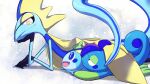  blue_eyes bright_pupils closed_mouth commentary_request drizzile gen_8_pokemon head_rest highres inteleon lying marutto_inte on_stomach open_mouth pokemon pokemon_(creature) smile sobble toes tongue white_pupils yellow_eyes 