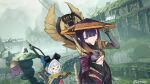  2girls :3 adjusting_clothes adjusting_headwear animal_hood cat_hood cosplay felyne felyne_(cosplay) gawr_gura goggles goggles_on_head goggles_on_headwear hat highres hololive hololive_english hood hunting_horn monster_hunter_(series) monster_hunter_rise multicolored_hair multiple_girls ninomae_ina&#039;nis pointy_ears ruins serious silver_hair sinister_seal_(armor) two-tone_hair ulyshizu virtual_youtuber weapon weapon_on_back 