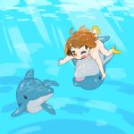  1girl ahoge air_bubble blush_stickers breath bubble completely_nude dolphin eyebrows_visible_through_hair flippers freediving highres light_rays nude one_eye_closed orange_eyes orange_hair original pac-man_eyes solo swimming testest underwater water 