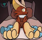  anthro bed bodily_fluids chriso_(iamdachriso) duo feet felid feline foot_fetish foot_focus foot_rub furniture glistening hands hazel_coffeebean hi_res legendary_pok&eacute;mon luxio male male/male mammal mintytempest nintendo paws pok&eacute;mon pok&eacute;mon_(species) scorbunny scortini soles sweat toe_curl toes victini video_games 