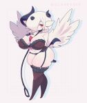  1girl absol absurdres breasts clarevoir cleavage dotted_background fusion gardevoir garter_belt gen_3_pokemon highres lingerie mega_absol mega_pokemon pokemon red_eyes skindentation solo thick_thighs thighs twitter_username underwear wings 