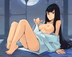  1girl arm_support breasts feet highres kill_la_kill kiryuuin_satsuki long_hair looking_at_viewer moon night nipples off_shoulder pussy robe smile solo squeezable_(artist) thick_eyebrows toes uncensored 