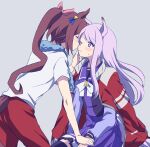  2girls absurdres animal_ears brown_hair cheek_kiss closed_eyes grey_background hair_ribbon highres horse_ears horse_girl horse_tail jacket jacket_on_shoulders kiss long_hair looking_at_another mejiro_mcqueen_(umamusume) mizin_kosutin multiple_girls one_eye_closed pink_ribbon ponytail purpl_eyes purple_hair red_jacket ribbon school_uniform simple_background sitting tail tokai_teio_(umamusume) towel towel_around_neck track_jacket umamusume yuri 