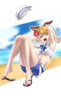  absurdres animal_ears armpits arms_up belt blonde_hair blue_shorts casulcasulcasul dog_ears erune flower granblue_fantasy hair_flower hair_ornament hat highres md5_mismatch midriff red_flower sailor_collar sailor_hat sandals shorts sitting solo swimsuit vajra_(granblue_fantasy) white_sailor_collar yawning 