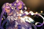  2girls bangs bare_shoulders blush breasts cis05 collarbone dress euryale_(fate) fate/hollow_ataraxia fate_(series) frilled_hairband frills hairband long_hair looking_at_viewer multiple_girls open_mouth parted_bangs purple_eyes purple_hair siblings sidelocks sisters small_breasts smile stheno_(fate) twintails very_long_hair white_dress 