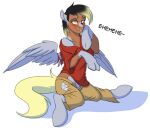  2020 clothing cutie_mark derpy_hooves_(mlp) dialogue equid equine feathered_wings feathers female friendship_is_magic human mammal my_little_pony pegasus red_clothing red_shirt red_topwear shirt simple_background smile solo tf-sential topwear transformation white_background wings 
