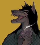  2020 alternate_species anthro black_hair canid canine cigarette clothed clothing digital_drawing_(artwork) digital_media_(artwork) hair holding_object long_hair looking_aside male mammal mechanical_jaws open_clothing open_mouth open_shirt open_topwear sharp_teeth shirt smoke snarling solo teeth topwear 