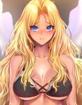  1girl angel bangs bare_shoulders black_bra blonde_hair blue_eyes blush bra breasts cleavage dark_skin genderswap genderswap_(mtf) looking_at_viewer michael_(shingeki_no_bahamut) nervous parted_bangs shingeki_no_bahamut:_genesis tan underwear zucchini 