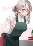  1girl absurdres alternate_hairstyle apron bangs blouse blurry blush bottle_hair_ornament breasts brown_eyes closed_mouth cowboy_shot depth_of_field dirty dirty_clothes green_apron grey_eyes grey_hair hair_between_eyes hair_ornament hair_up hairclip highres kantai_collection leaning_forward pola_(kancolle) red_skirt simple_background skirt solo toriniku_senshi_chikinman valentine wavy_hair white_background white_blouse 