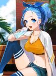  1girl bench blue_bandana blue_eyes blue_hair blue_legwear borrowed_character bottle breasts cleavage commentary_request commission day denim denim_shorts fingernails folded_ponytail forehead jacket jacket_on_shoulders leg_up looking_at_viewer medium_breasts minah_(chaesu) navel nima_(niru54) open_mouth orange_sports_bra original outdoors short_hair shorts sitting skeb_commission smile solo sports_bra thighhighs thighs updo water_bottle white_jacket 