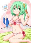  1girl bangs blush bow bow_bra bra breasts chibi chibi_inset cirno cleavage collarbone comb daiyousei eyebrows_visible_through_hair fairy_wings frilled_bra frills green_eyes green_hair groin highres holding holding_comb legs looking_to_the_side md5_mismatch navel on_bed one_side_up panties pink_bra pink_panties polka_dot polka_dot_bra polka_dot_panties red_bow resolution_mismatch ruo_(cruzada) scrunchie sitting solo thighs thought_bubble touhou transparent_wings underwear wariza wings yellow_scrunchie 