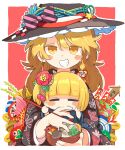  2girls archery arrow_(projectile) biting black_kimono blonde_hair blush_stickers bow braid chopsticks daruma_doll earrings festival finger_biting floral_print flower flower_on_head hair_flower hair_ornament hat hat_bow highres japanese_clothes jewelry kimono kirisame_marisa looking_at_viewer moyazou_(kitaguni_moyashi_seizoujo) multiple_girls red_flower rumia short_hair single_braid smile summer_festival touhou translation_request witch_hat yellow_eyes 