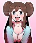  1girl bangs blue_eyes blush bow breasts brown_hair collarbone commentary_request double_bun long_hair looking_at_viewer nutkingcall open_mouth pink_bow pokemon pokemon_(game) pokemon_bw2 raglan_sleeves rosa_(pokemon) sexually_suggestive shirt sidelocks solo teeth tongue tongue_out twintails upper_body 