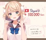  1girl bangs blonde_hair blush bow braid commentary_request dress green_eyes hair_pom_pom hand_gesture highres indie_virtual_youtuber looking_at_viewer ok_sign sailor_dress shigure_ui shigure_ui_(vtuber) simple_background smile solo translation_request virtual_youtuber yellow_background youtube_logo 