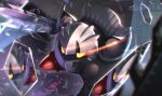  black_cape broken_glass broken_mirror cape dark_meta_knight glass gonzarez highres kirby_(series) kirby_and_the_amazing_mirror light_trail mask red_footwear reflection sword weapon yellow_eyes 