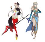  2girls absurdres ahoge alternate_costume blonde_hair braid breasts commission commissioner_upload cosplay fire_emblem fire_emblem_fates fire_emblem_heroes grey_eyes grey_hair hairband highres holding holding_weapon laevatein_(fire_emblem) laevatein_(fire_emblem)_(cosplay) looking_at_viewer lyn_(fire_emblem) lyn_(fire_emblem)_(cosplay) multiple_girls nina_(fire_emblem) ninja_mask ophelia_(fire_emblem) sandals thighhighs twin_braids weapon yangartworks 