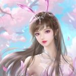  1girl animal_ears blue_sky branch brown_hair cherry_blossoms douluo_dalu dress hair_ornament highres leaf pink_dress pink_eyes rabbit_ears sky solo xiao_wu_(douluo_dalu) 
