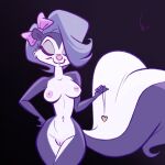  2020 accessory anthro birchly black_background breasts eyes_closed female fifi_la_fume fluffy fluffy_tail fur genitals hair hair_accessory hair_bow hair_over_eye hair_ribbon hand_on_hip hi_res mammal mephitid nipples nude one_eye_obstructed portrait purple_body purple_fur purple_hair pussy ribbons simple_background skunk smile solo three-quarter_portrait tiny_toon_adventures warner_brothers 