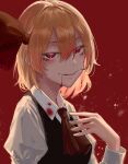  1girl ascot bangs black_vest blonde_hair blood blood_from_mouth bloody_clothes blurry blurry_background breasts collared_shirt depth_of_field eit_(ikeuchi) eyebrows_visible_through_hair face hair_between_eyes hair_ribbon half-closed_eyes hand_on_own_chest hand_up highres juliet_sleeves long_sleeves looking_at_viewer medium_breasts parted_lips puffy_sleeves red_background red_eyes red_neckwear red_ribbon ribbon rumia shirt short_hair simple_background sinister smile solo touhou tsurime upper_body vest wing_collar 