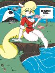  2018 animaniacs anthro big_breasts black_body black_fur blonde_hair bodily_fluids bottomless bottomless_female braided_hair breasts cleavage clothed clothing curvy_figure detailed_background dialogue digital_media_(artwork) duo english_text eyeshadow female fingers fur giant_panda hair hi_res hourglass_figure inkit89 lake makeup male mammal minerva_mink mink multicolored_body multicolored_fur mustelid musteline ranma_1/2 sign tears teeth text thick_thighs tongue true_musteline ursid voluptuous warner_brothers water white_body white_fur wide_hips 