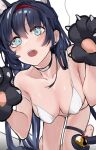 1girl :o animal_ears arknights bangs bare_shoulders bell bikini black_choker black_gloves black_hair blaze_(arknights) blue_eyes breasts cat_ears cat_girl cat_paws cat_tail choker cleavage commentary cowboy_shot gloves hair_between_eyes hairband hand_up hands_up hjl_(15623862639) jingle_bell large_breasts long_hair looking_at_viewer open_mouth paws red_hairband solo strap_slip swimsuit tail thighs very_long_hair white_background white_bikini 