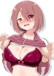  1girl bra breasts brown_hair cleavage eggman_(pixiv28975023) frilled_bra frills hair_over_one_eye highres hoshino_miyako_(wataten) jacket lace-trimmed_bra lace_trim large_breasts lifted_by_self lingerie navel red_bra red_eyes red_jacket short_hair solo track_jacket track_suit underwear upper_body watashi_ni_tenshi_ga_maiorita! wavy_mouth 