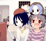  4girls :d alternate_costume bangs baseball_cap bird black_eyes black_shirt blue_hair blue_shirt chicken commentary_request controller cookie_(touhou) couch flour_(cookie) game_controller grey_hair hat highres hood indoors kofji_(cookie) kumoi_ichirin light_blue_hair looking_at_another looking_to_the_side milk_(cookie) miyako_(naotsugu) multiple_girls murasa_minamitsu nazrin nyon_(cookie) open_mouth purple_shirt red_eyes red_headwear shirt short_hair sitting smile striped striped_shirt television touhou upper_body white_shirt wii_remote window 