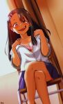  1girl absurdres asymmetrical_bangs backlighting bangs black_hair blue_skirt blush bra bra_peek breasts brown_eyes chair cleavage clothes_pull collarbone crossed_legs dark_skin dark_skinned_female dutch_angle ear_clip english_commentary fang grin hair_ornament hairclip highres ijiranaide_nagatoro-san long_hair nagatoro_hayase open_mouth pink_bra raised_eyebrow ryu_(ryuwanshoy) school_uniform shirt shirt_pull sitting skirt small_breasts smile solo summer_uniform teasing underwear white_shirt 