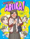  2girls artist_name aruka_(kiss_it_goodbye) bag bandaid bandaid_on_face black_serafuku blush cover cover_page earrings english_text freckles ganbare!_nakamura-kun!! highres jacket jersey jewelry kiss_it_goodbye manga_cover multiple_girls parody school_bag school_uniform serafuku smile ticcy yukimi_(kiss_it_goodbye) yuri 