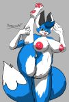  anthro big_breasts blue_body blue_fur bodily_fluids breasts butt canid canine diamonsion digital_media_(artwork) ellie_(diamonsion) erection female flexing fox fur genitals hair hi_res looking_at_viewer mammal nipples nude pussy raised_leg smile solo thick_thighs tongue tongue_out white_body white_fur 