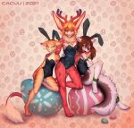  2021 4_toes 5_fingers absurd_res anthro breasts bunny_costume cacuu canid canine canis clothed clothing costume digital_media_(artwork) feet felid feline female fennec fingers fox green_eyes hi_res hybrid mammal red_wolf smile toes trio wolf 