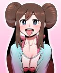  1girl bangs blue_eyes blush bow breasts brown_hair collarbone commentary_request double_bun heart heart_in_eye long_hair looking_at_viewer nutkingcall open_mouth pink_bow pokemon pokemon_(game) pokemon_bw2 raglan_sleeves rosa_(pokemon) saliva saliva_trail sexually_suggestive shirt sidelocks solo symbol_in_eye teeth tongue tongue_out twintails upper_body 